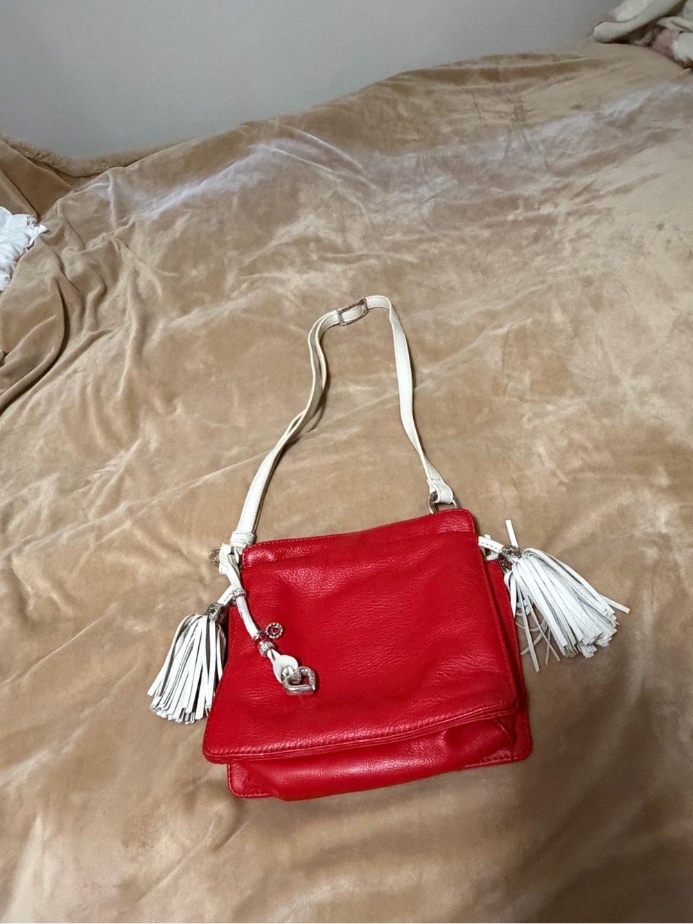 Brighton Etta Red Leather Crossbody Bag with White Strap and Tassels Fringe